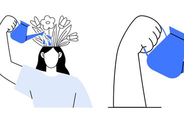 Woman watering her head with blooming ideas alongside...
