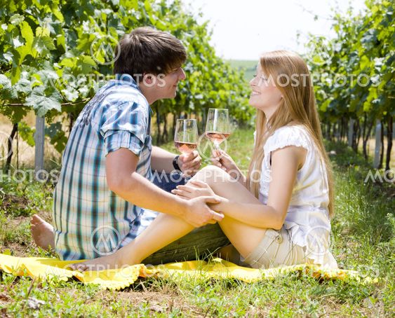 couple at a picnic in vineyard