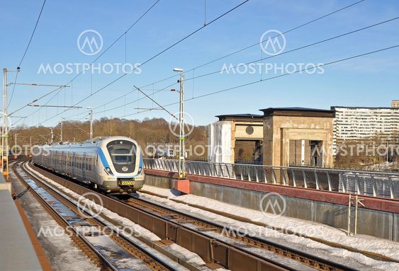 Commuter train on bridge