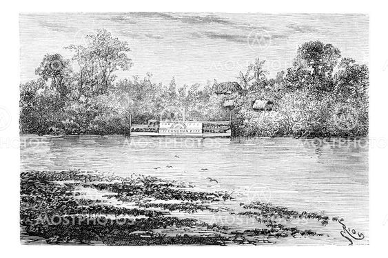 The Steam Ship Canuman Along the Ica River in Amazonas, Brazil, vintage engraving