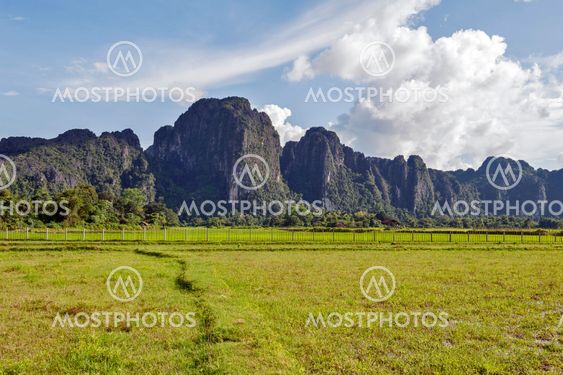 Limestone mountains in Vang Vieng, popular tourist resort town in Lao PDR.