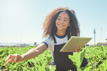 Woman, farmer and tablet for farm work, agriculture...