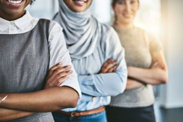 Closeup, business people and women in office, arms...