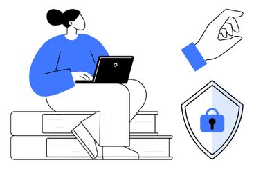 Person Using Laptop Sitting on Books with Hand Gesture...