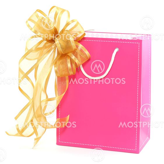 Pink shopping bag with golden satin bow isolated on white background