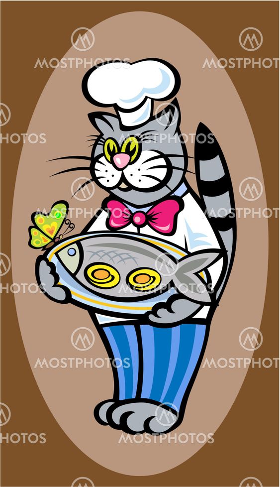 grey cat in culinary hat with fish on plate