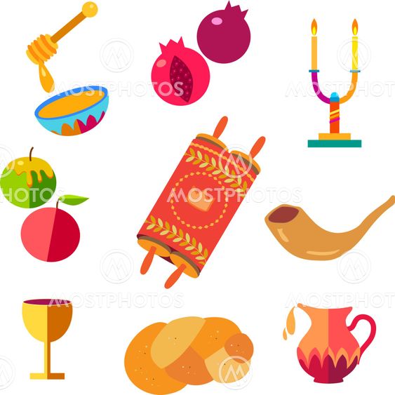 Icons set Rosh Hashanah greeting card patter Jewish New...