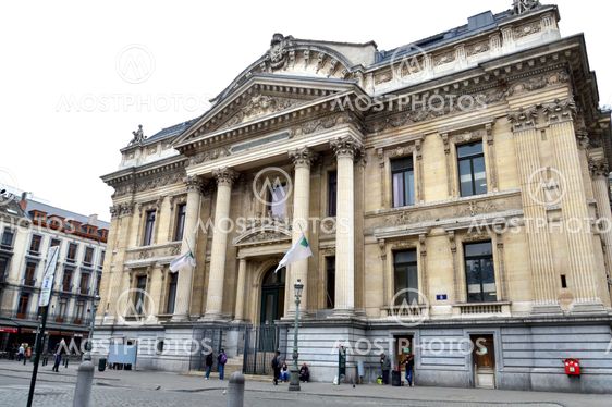 Brussels, Belgium - April 2015: Classic old building houses the Brussels Stock Exchange built in the Neo-Renaissance and Second Empire architectural styles located near the Grand Place in Brussels, Belgium