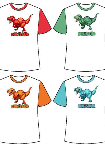 Set of different colour dinosaur screen on t-shirts