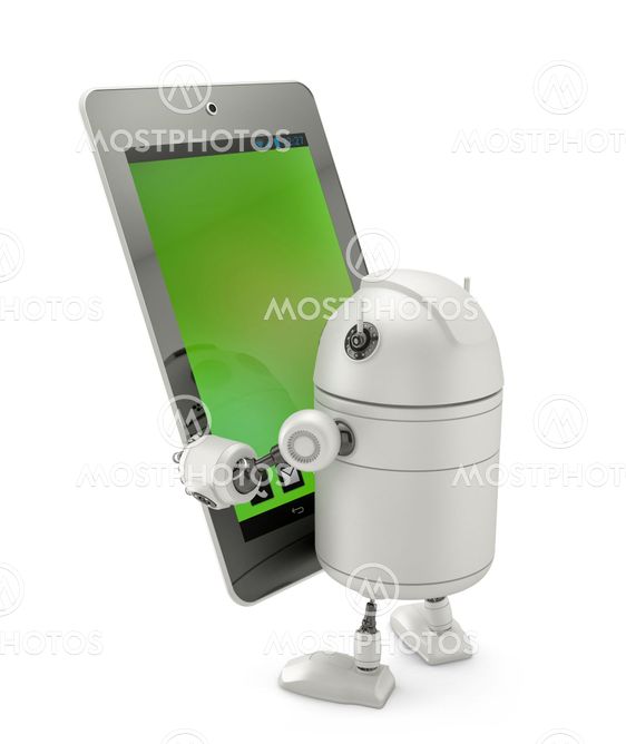 Robot looking at tablet computer.
