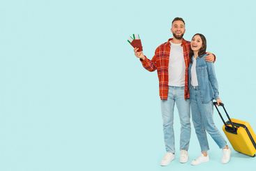 Tourists Couple With Suitcase, Passports And Travel...