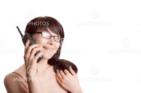 Woman with bracket on phone talking