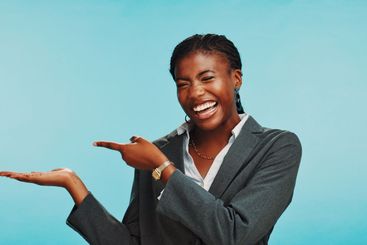 Professional, advertising and black woman with pointing...