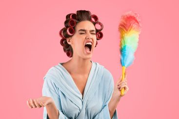 Housewife Shouting Holding Feather Duster, Tired Of...
