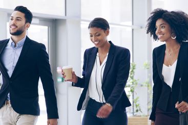 Business people, travel and walk in airport with commute...