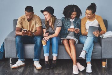 Office, group and business people with technology for...