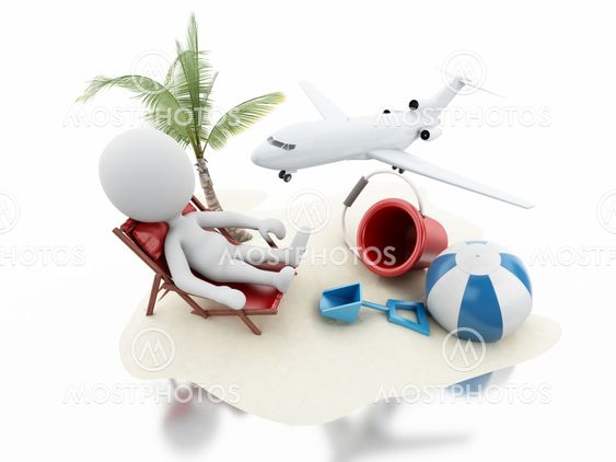 3d White people with beach toys and airplane.