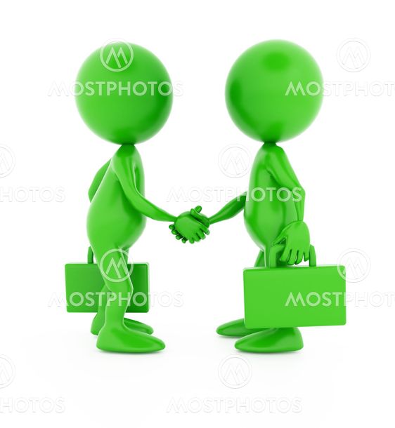 Successful deal. Two 3d green characters shaking hands. Isolated on white