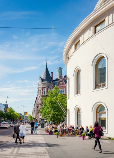 Pedestrians on city street in Helsinki, Finland