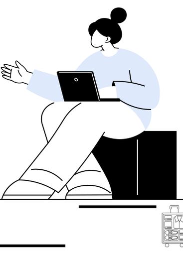 Woman with Laptop Gesturing While Sitting on a Block,...