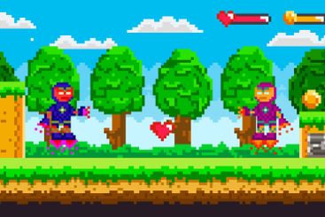 Retro Video Game Characters in a Colourful Pixelated...