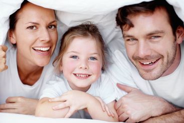 Bed, mom and dad with child in portrait, bonding...
