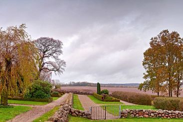 Banner, garden and autumn season with cloudy sky of eco...