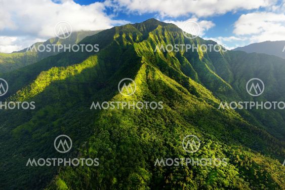 Stunning aerial view of spectacular jungles, Kauai
