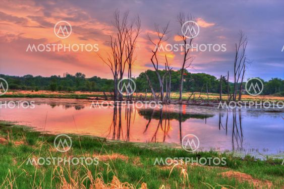 An HDR landscape of a lake in the meadow in soft focus