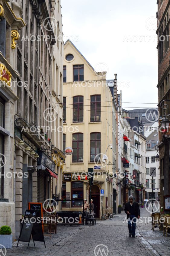 Brussels, Belgium - April 2015: Preserved old European-style residential and commercial buildings on streets of Brussels City, Belgium