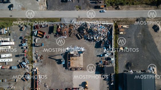 Recycling iron on a scrap yard from above