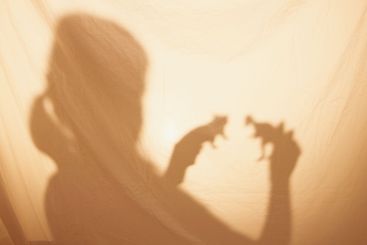 Home, child and shadow in tent for toys, childhood...