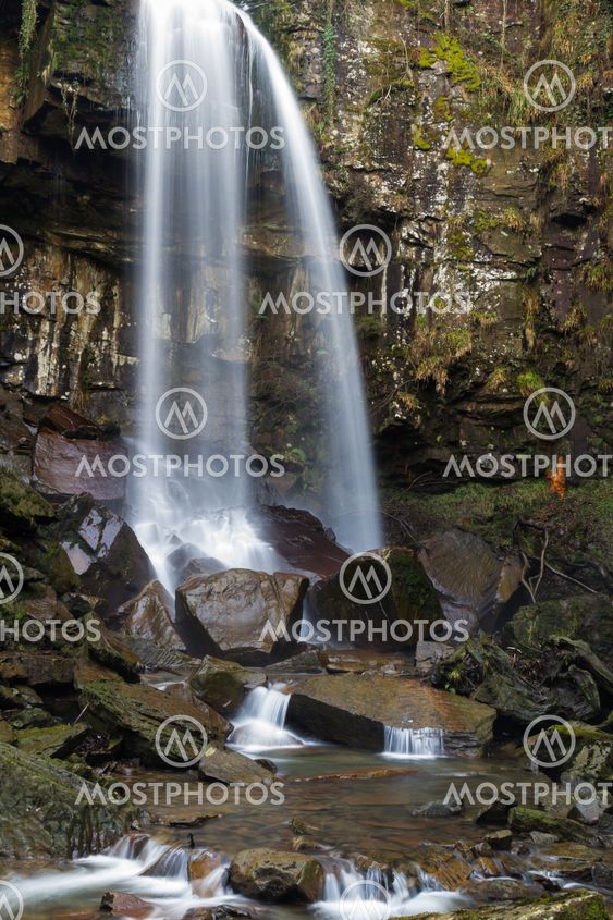 Melincourt waterfall. Tranquil high waterfall.