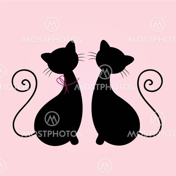 Cute Cats couple sitting together, Silhouette isolated on pink