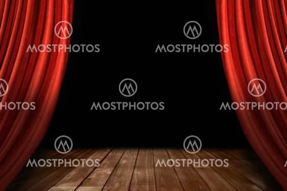 Red Theater Stage Drapes With Wooden Floor