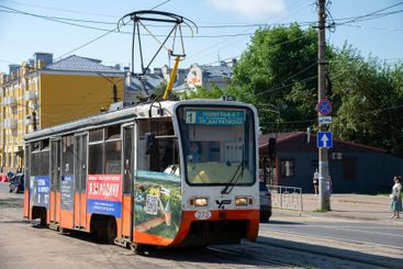 Old tram №1 in the center of Smolensk, Russia