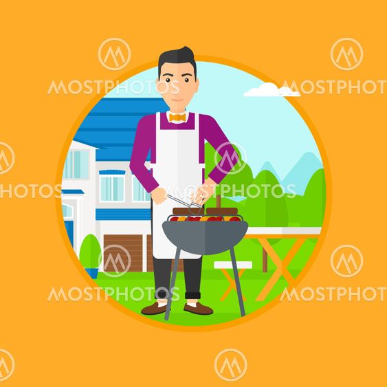 Man cooking meat on barbecue grill.