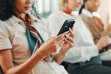 Office, businesswoman and text with smartphone in...