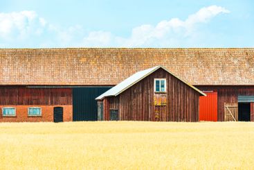 Scenic view of a traditional Swedish farm with colorful...