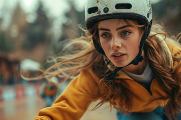 Skateboarder navigates through an autumn park as leaves...