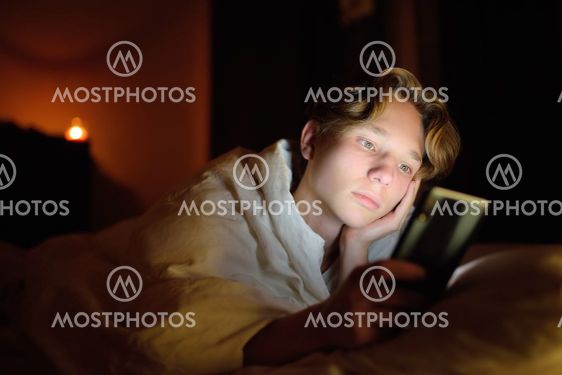 Teenager boy chatting by phone, writing in blog or...