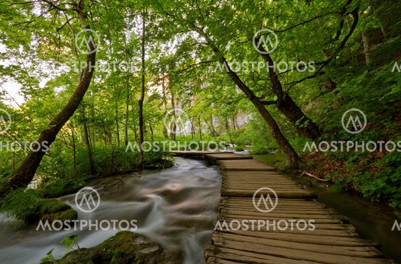Walkway over streaming water.