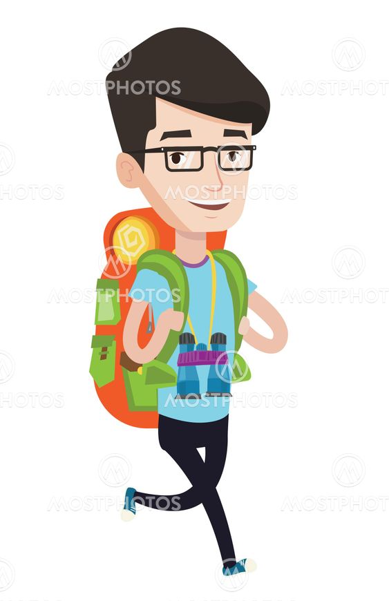 Man with backpack hiking vector illustration.