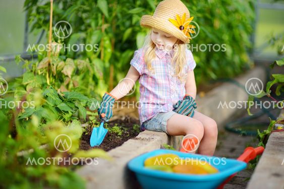 Adorable little girl wearing straw hat and childrens...