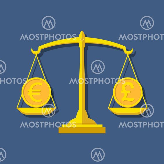 Scales with Euro and Pound Sterling symbols. Foreign exchange fo