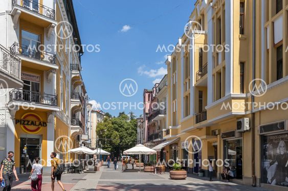 Walking peaople at Pedestian streets of city of Plovdiv