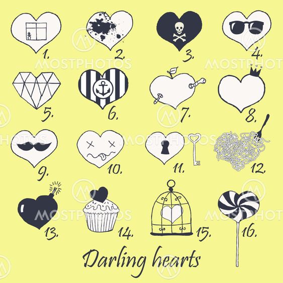 Set of stylized hand drawn hearts