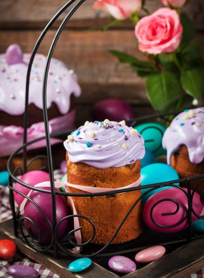Delicious homemade holiday Easter cakes and colored eggs
