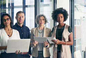 Business notebook, people or technology with teamwork...