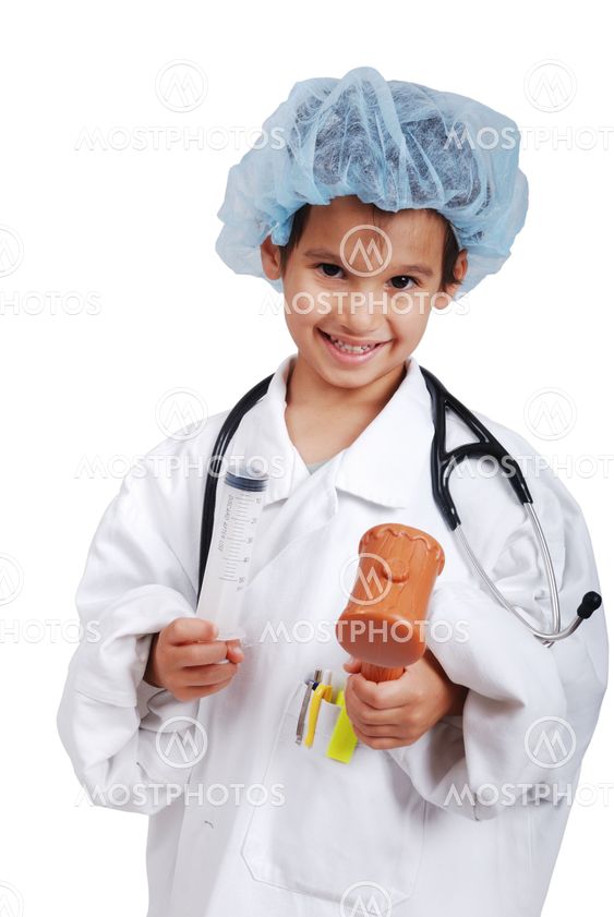 Doctor boy holding injection judge's gavel